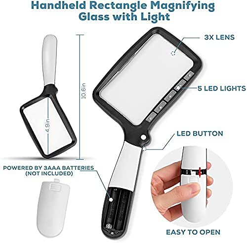Folding Handheld Magnifying Glasses with Light, 3X Large Rectangle Reading Magnifier with Dimmable LED for Seniors with Macular Degeneration, Newspaper, Books, Small Print, for Low Visions - NewNest Australia