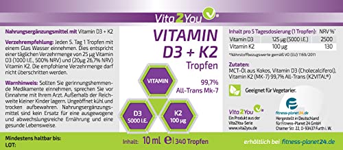 Vita2You Vitamin D3 + K2 drops - Vitamin D3 5000 IU - Vitamin K2 100µg per drop - K2VITAL - MK-7 - 99.7% All-Trans - MCT oil - Premium quality - Made in Germany - NewNest Australia