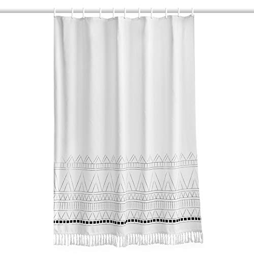 YoKii Tassel Fabric Shower Curtain, Black White Geometric Boho Striped Nordic Chic Polyester Bath Curtain Set with Hooks, Decorative Heavy Weighted 72-Inch Bathroom Curtains, (72 x 72, White) - NewNest Australia