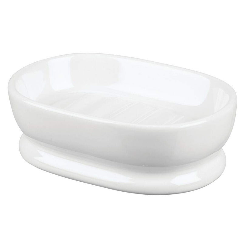 mDesign Decorative Ceramic Bar Soap Dish Tray for Bathroom Vanities, Countertops, Pedestals, Kitchen Sink - Store Hand Soap, Pumice Bars, Sponges, Scrubbers - White - NewNest Australia