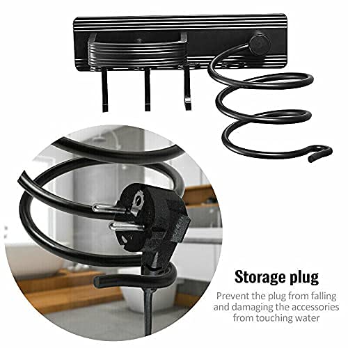 YUET Hair Dryer Holder Hairdryer Station Wall Mounted Spiral Shelf Rack Stand Hanger Straightener Organizer Storage Blow Bathroom with Three Hooks Professional Aluminum Silver (Black) Black - NewNest Australia