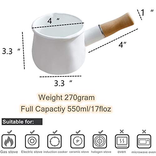 550ml Small Enamel Milk Cooking Sauce Pot Wooden Handle Cookware White, Size: As described