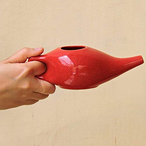 Ceramic Neti Pot for Nasal Cleansing Crackle Pattern | Ceramic Neti Pot with 10 Sachets of Neti Salt | Natural Treatment for Sinus, Infection and Congestion (Red) - NewNest Australia