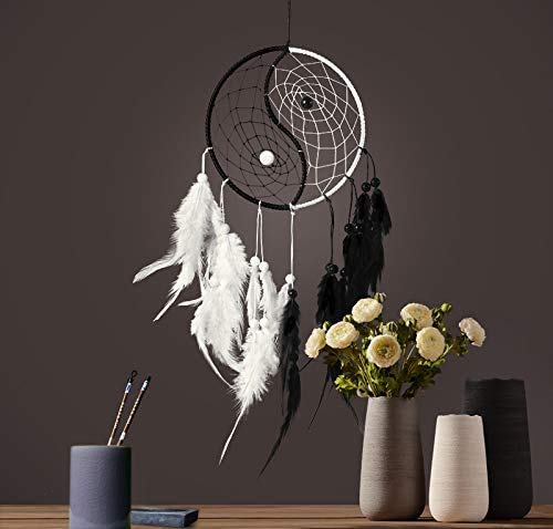 NewNest Australia - Yahpetes Dream Catcher 19.7" Feather Chandelier Ornaments Handmade Indian Wall Decoration Interior Rearview Pendant Charm Car Hanging with Feathers Beads (Black and White) Black and White 