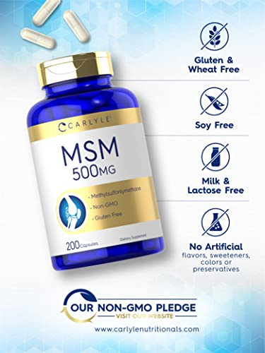 MSM Supplement | 500mg | 200 Capsules | Non-GMO, and Gluten Free Formula | Methylsulfonylmethane | by Carlyle - NewNest Australia