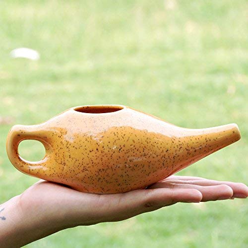 Ceramic Neti Pot for Nasal Cleansing Freckle Pattern | Neti Pot with 10 Sachets of Neti Salt + Instructions Leaflet | Natural Treatment for Sinus, Infection and Congestion (Orange) - NewNest Australia