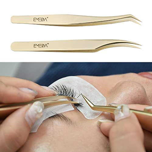 Emeda Eyelash Tweezers 2 Pieces Eyelash Tweezers For Eyelash Extension Professional Golden Precision Tweezers Individual Eyelash Tweezers Set 3D 5D 6D Volume Eyelash Extension Tweezers - NewNest Australia