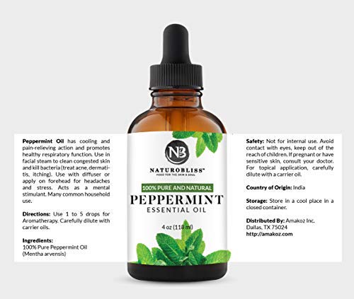 NaturoBliss Peppermint Essential Oil, 100% Pure and Natural Therapeutic Grade, Premium Quality Peppermint Oil, 4 fl. Oz - Perfect for Aromatherapy and Relaxation - NewNest Australia