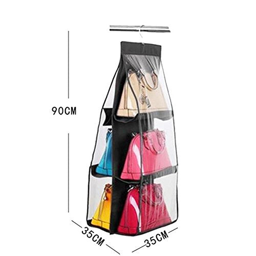 Wangmeili 6 Pockets Handbag Storage Organizer Anti-dust Cover Large Clear Bag Purse Hanging Closet Rack Hangers Shoulder Bag Save Space (Black) Black - NewNest Australia