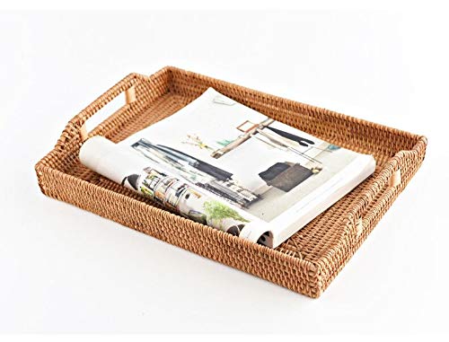 NewNest Australia - DECRAFTS Hand-Woven Rattan Rectangular Serving Tray with Handles for Breakfast, Drinks, Snack for Coffee Table (14.5x10.2x1.4inches) 14.5x10.2x1.4inches 