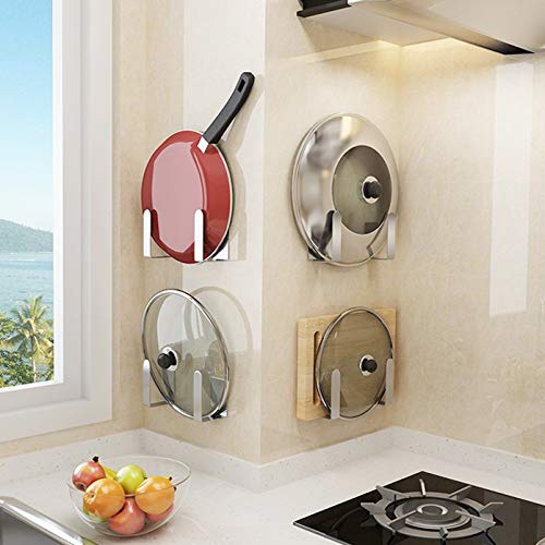 NewNest Australia - Pot Lid Holder, Stainless Steel Wall Mounted 3M Self Adhesive Pan Cover Racks (Set of 4) Freely Adjustable Length 