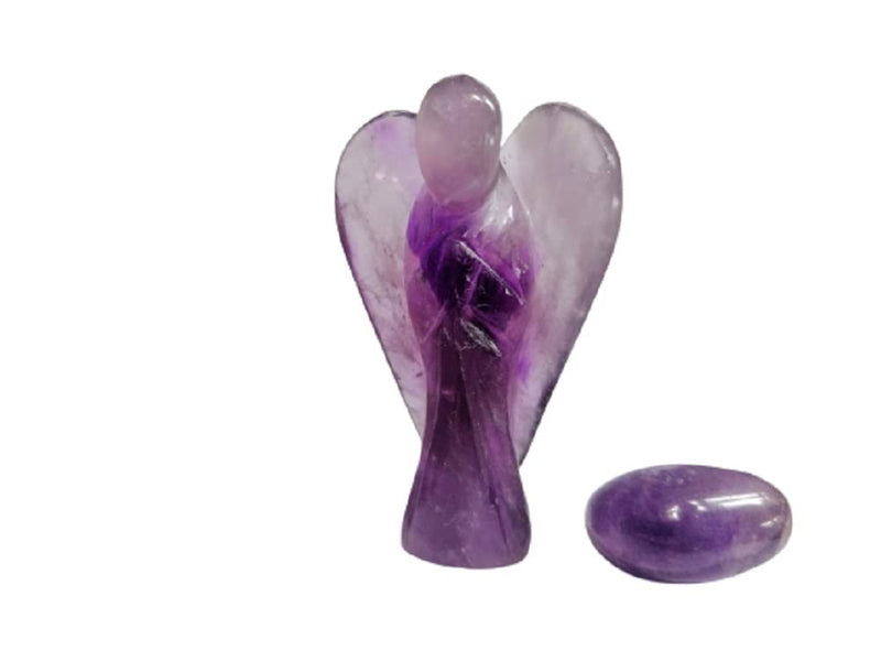 Amethyst Guardian Angel Hand Carved 2 Inch Crystal Pocket Natural Gemstone Statue Mini Figurine Ornament Decoration, Reiki Healing Spiritual Stones Including*Extra*25mm Amethyst Tumble Stone Gift Box - NewNest Australia