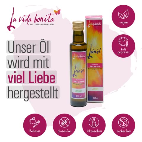 250 ml fresh linseed oil with vegetable DHA and EPA I 100% fresh from 1st pressing in Germany I Rich in omega-3 fatty acids I vegan, raw food, lactose-free & gluten-free, sugar-free 250 ml (pack of 1) - NewNest Australia