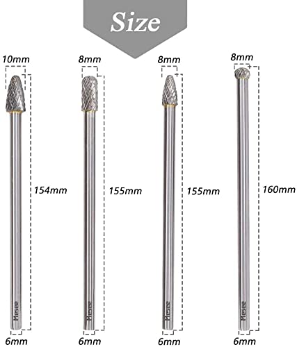 Mesee Set of 4 Tungsten Carbide Rotary Burrs, 6 Inch Long Double Cut Rotating Burr with 6mm Shank Files Rasp Bit Tools Kit for DIY Woodworking Metal Carving Polishing Engraving Drilling - NewNest Australia
