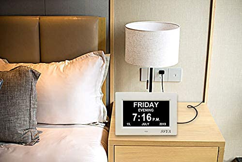 SSYA Digital Calendar Alarm Clock - 12 Alarm Options, Level 5 Auto Dimmable, Dementia Clocks for Vision Impaired, Elderly, Memory Loss Clock with Non-Abbreviated Clock with Date and Day (7 inch) White - NewNest Australia