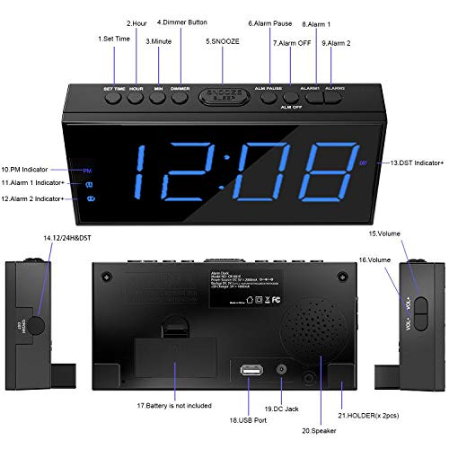 NewNest Australia - ROCAM Digital Alarm Clock, 7'' Large LED Screen, 5 Brightness, Dual Alarm, Easy Digital Clock for Kids, Senior and Heavy Sleeper, Loud Alarm Clock for Bedroom Kitchen Office, Snooze, 12/24H Blue 