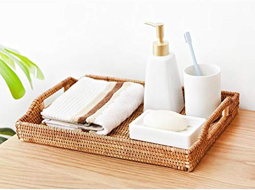 NewNest Australia - DECRAFTS Hand-Woven Rattan Rectangular Serving Tray with Handles for Breakfast, Drinks, Snack for Coffee Table (14.5x10.2x1.4inches) 14.5x10.2x1.4inches 