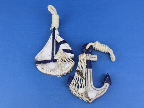 NewNest Australia - Hampton Nautical  Wooden Rustic Blue Sailboat/Anchor Wall Accent with Hook Set, 6" 