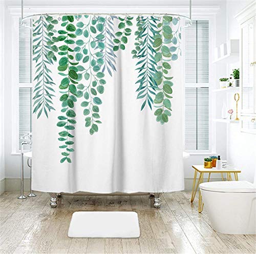 LIVILAN Green Leaves Shower Curtain Set with 12 Hooks, Decorative Plant Bath Curtain Fabric Bathroom Curtain, 72" x 72" 72" X 72" - NewNest Australia