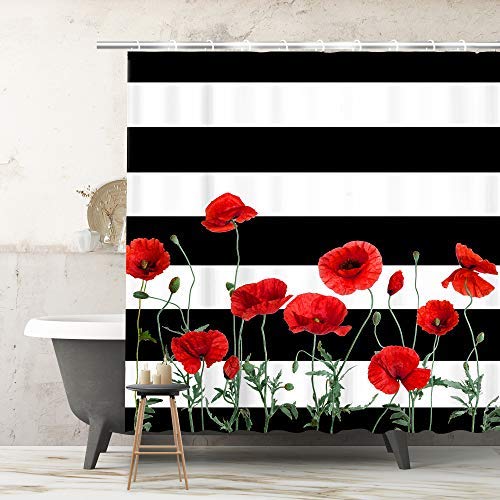 Stacy Fay Poppy Floral Shower Curtain Striped Bath Curtains with 12 Hooks Black and White Stripes Bathroom Decor 72 Inch (RED) - NewNest Australia