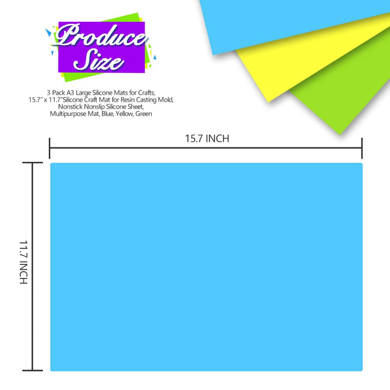 LEOBRO 3 Pack A3 Large Silicone Mats for Crafts, 15.7” x 11.7”Silicone Craft Mat for Resin Casting Mould, Nonstick Nonslip Silicone Sheet, Heat-Resistant Mat, Blue, Yellow, Green Blue & Green & Yellow - NewNest Australia