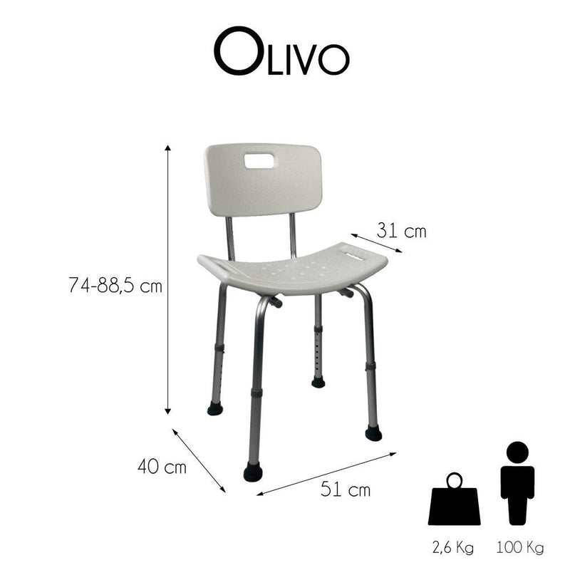Mobiclinic, Shower Chair With Backrest, Olivo, European Brand, Height Adjustable, With Non-Slip Rubber Caps, Made Of Aluminum And Pvc, Lightweight And Easy To Use, Bath Aid, White - NewNest Australia