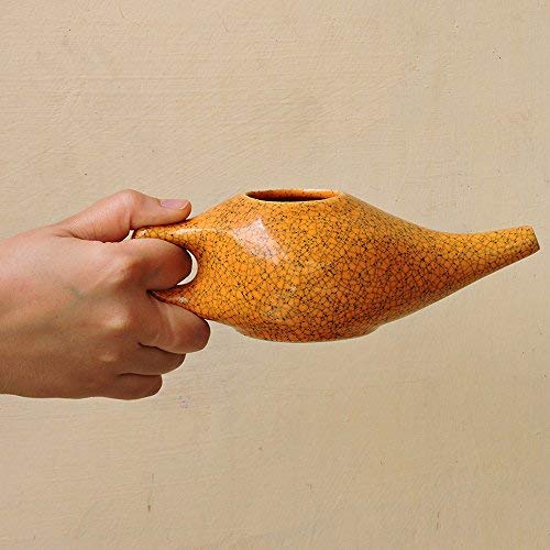 Ceramic Neti Pot for Nasal Cleansing Crackle Pattern | Neti Pot with 10 Sachets of Neti Salt + Instructions Leaflet | Natural Treatment for Sinus, Infection and Congestion (Orange) - NewNest Australia