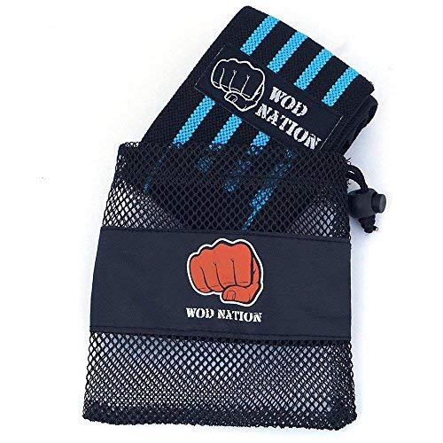WOD Nation Wrist Wraps Weightlifting for Men & Women - Weight Lifting Wrist Wrap Set of 2 forCrossfit and Cross Training (12" or 18") + Includes Carrying Bag Black / Light Blue 12 inch - NewNest Australia