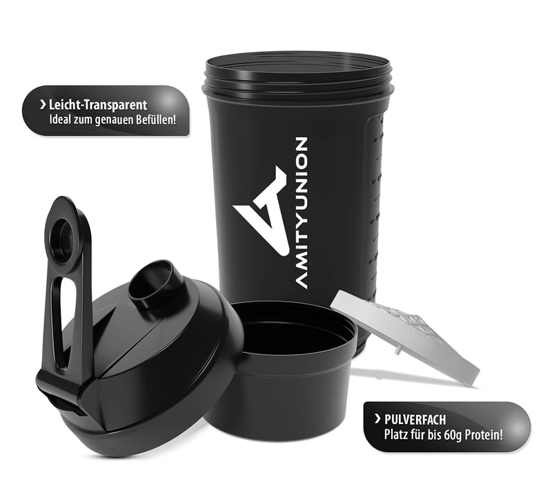 Protein shaker 700 ml “FYRA” leak-proof - BPA free with powder compartment & sieve and scale for creamy whey protein shakes, shaker protein shake, protein shaker cup for Bcaa and gaming booster in black - NewNest Australia