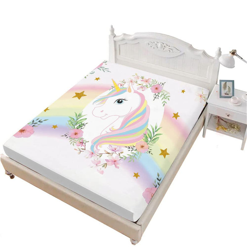 MUSOLEI Unicorn Fitted Sheet Set Twin Girls Rainbow Star Sheet Pink Flower Bedding Set 1 Deep Pocket Fitted Sheet with 1 Pillowcases Multi-Colour Gift 01 - NewNest Australia