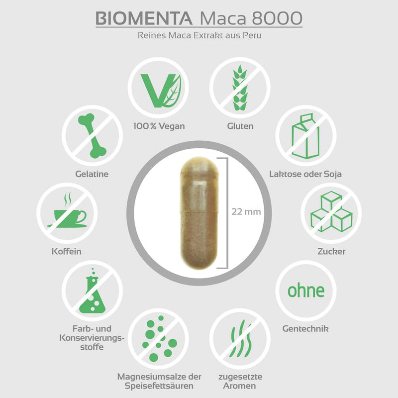 Biomenta Maca Maca Powder High Dose 10: 1 8000 | Pure Maca Extract | 180 Maca Capsules | 3 Month Course Vitale | Vegan | for Women & Men - NewNest Australia