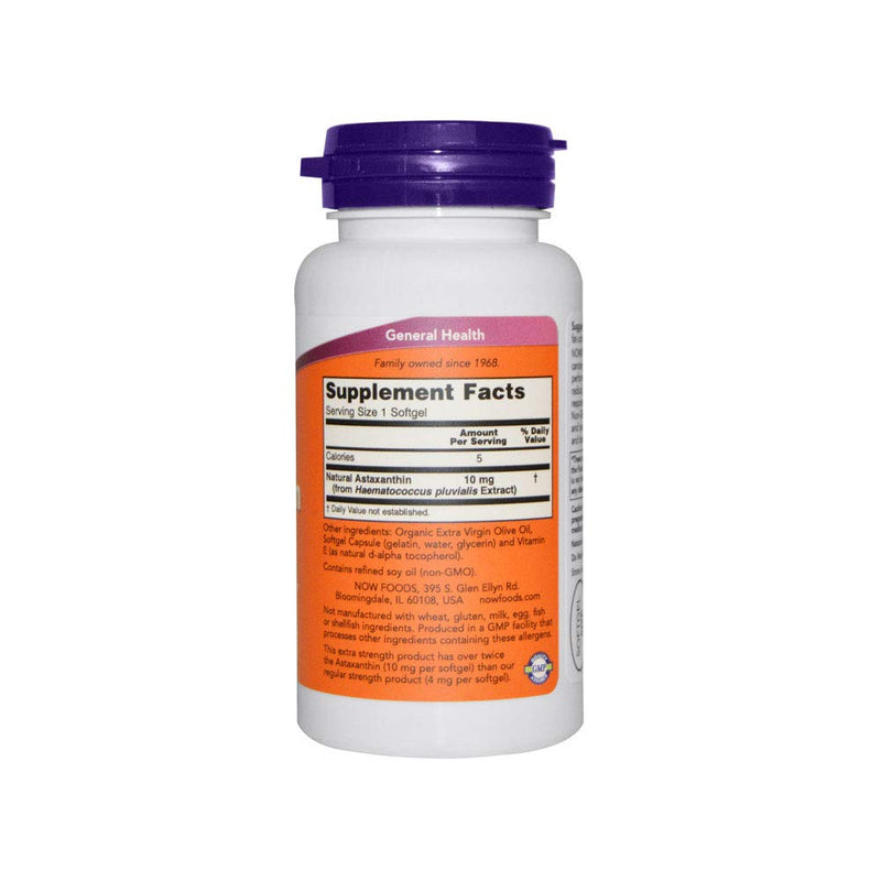NOW Supplements, Astaxanthin 10mg, Extra Strength,derived from Non-GMO Haematococcus Pluvialis Microalgae and has naturally occurring Lutein, Canthaxanthin and Beta-Carotene, 60 Softgels - NewNest Australia
