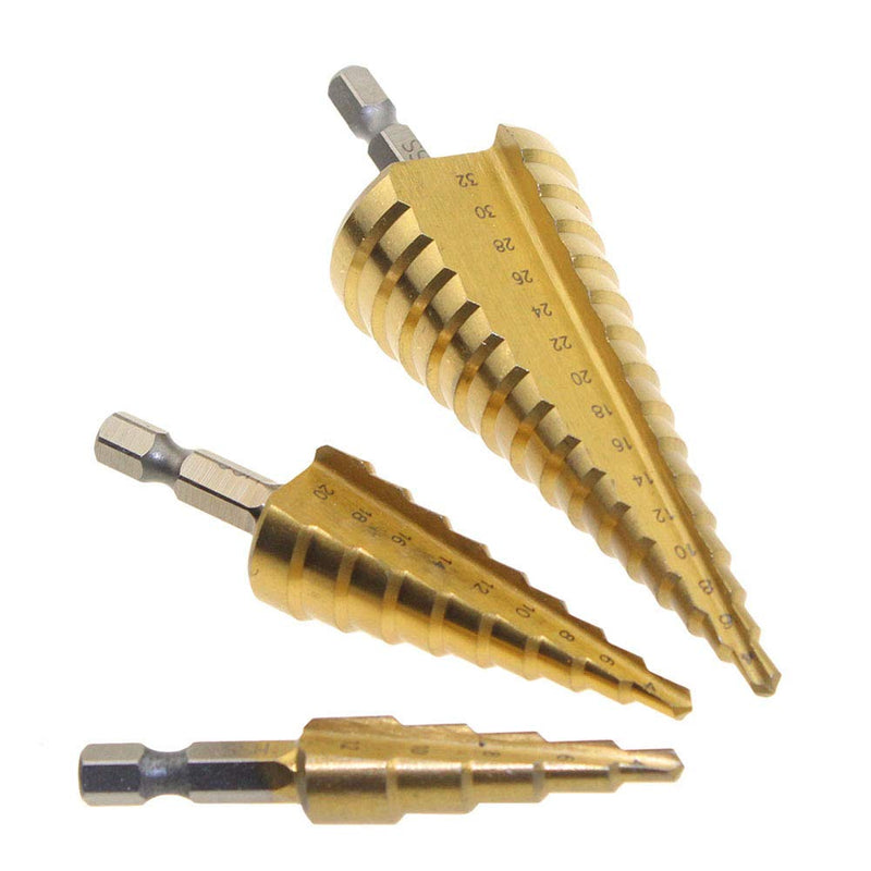 3Pcs High-Speed Steel Step Drill Bit Set, LepoHome Cone Titanium Coated Metal Hole Cutter 1/4" Hex Shank Drive Quick Change 4-12mm/4-20mm/4-32mm - NewNest Australia