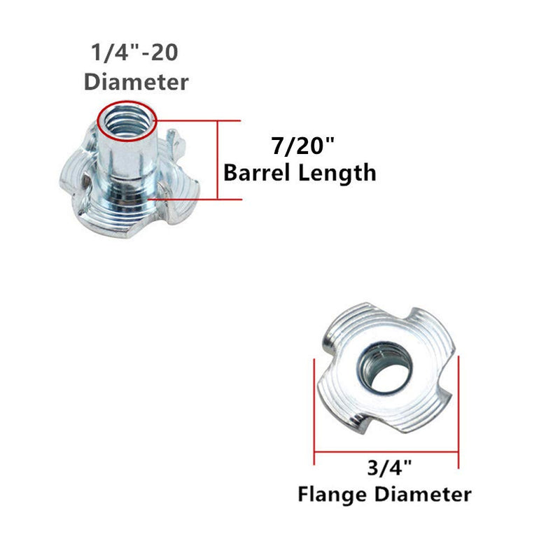 Eowpower 50Pcs 4 Pronged Zinc Plated Tee T-Nut (1/4"-20 x 7/16") 1/4"-20 x 7/16" - NewNest Australia