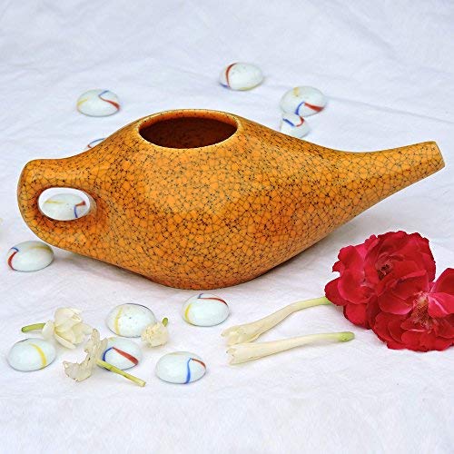 Ceramic Neti Pot for Nasal Cleansing Crackle Pattern | Neti Pot with 10 Sachets of Neti Salt + Instructions Leaflet | Natural Treatment for Sinus, Infection and Congestion (Orange) - NewNest Australia