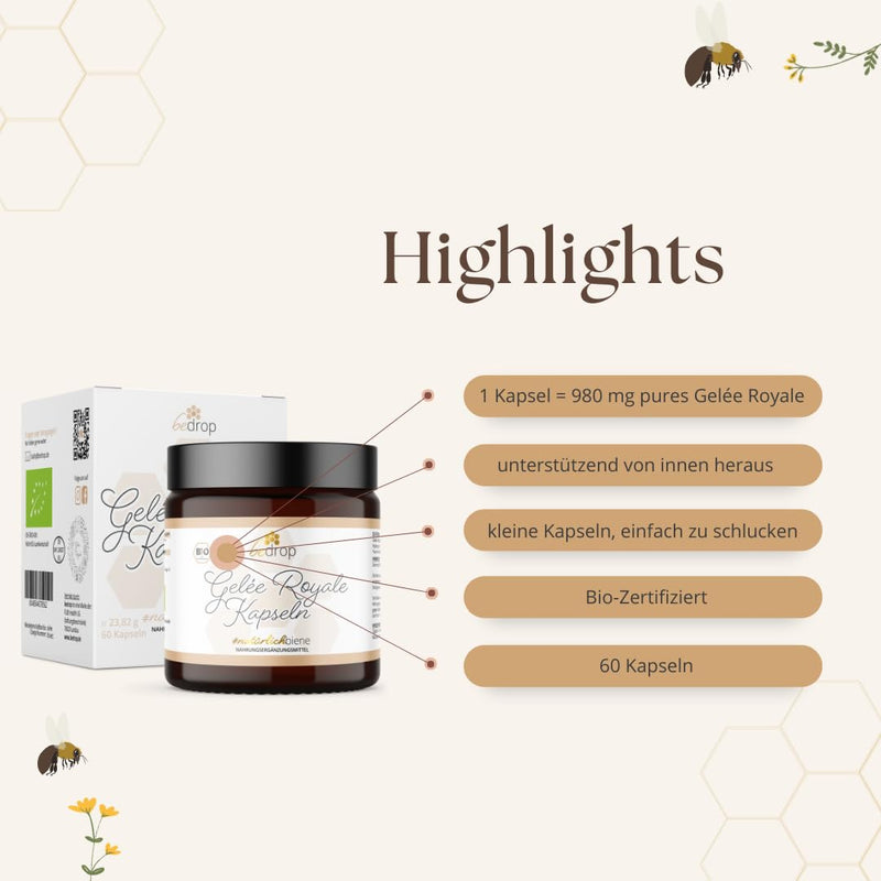 Bedrop Royal Jelly Capsules Organic Quality 60 Capsules - 1 Capsule = 980 Mg Pure Royal Jelly, 10-Hda Content <4.8% - Royal Jelly Rich In Polyphenols & Flavonoids - NewNest Australia