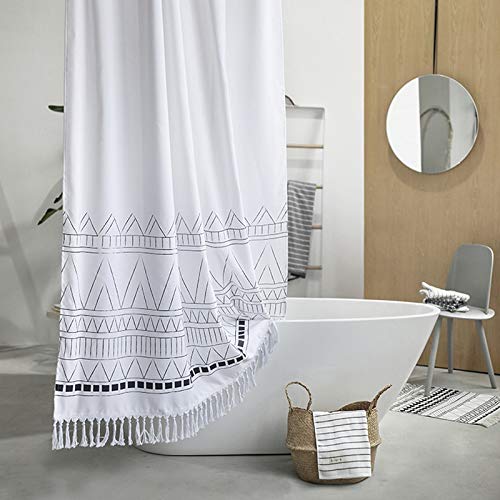 YoKii Tassel Fabric Shower Curtain, Black White Geometric Boho Striped Nordic Chic Polyester Bath Curtain Set with Hooks, Decorative Heavy Weighted 72-Inch Bathroom Curtains, (72 x 72, White) - NewNest Australia