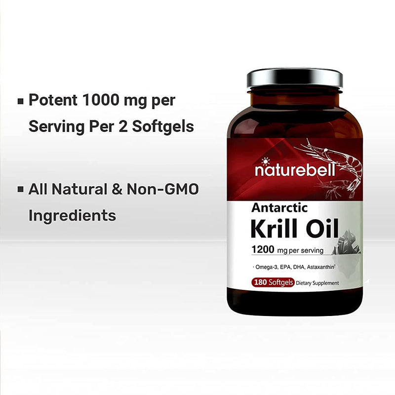 Triple Strength Antarctic Krill Oil Supplement, 1200mg Per Serving, 180 Softgels, Source of Natural Omega 3, EPA, DHA and Astaxanthin, Heart Health Supplement With No Fish Oil Aftertaste, Mercury Free 180 Count (Pack of 1) - NewNest Australia