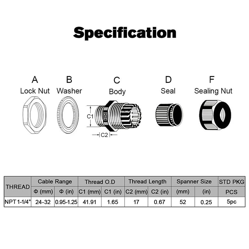 LeMotech 5 Pack NPT 1-1/4" Cable Glands Waterproof Adjustable 24-32mm Cable Connectors Black Nylon Joints with Gaskets 1-1/4inch 5-pack - NewNest Australia