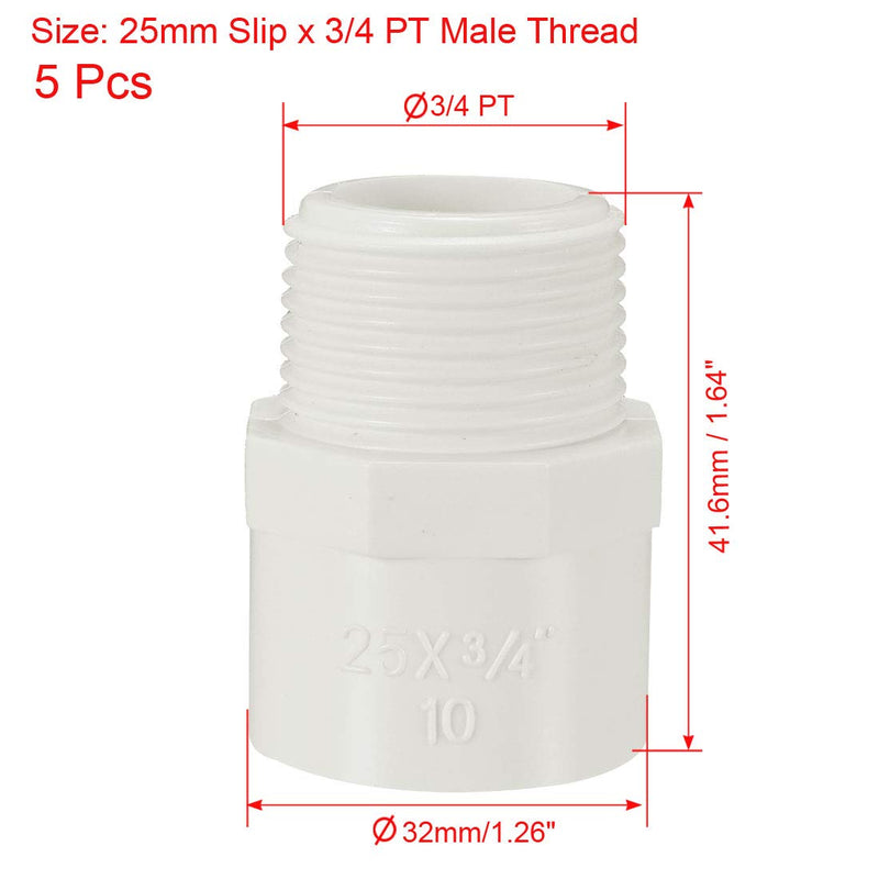 uxcell 25mm Slip x 3/4 PT Male Thread PVC Pipe Fitting Adapter Connector 5 Pcs - NewNest Australia