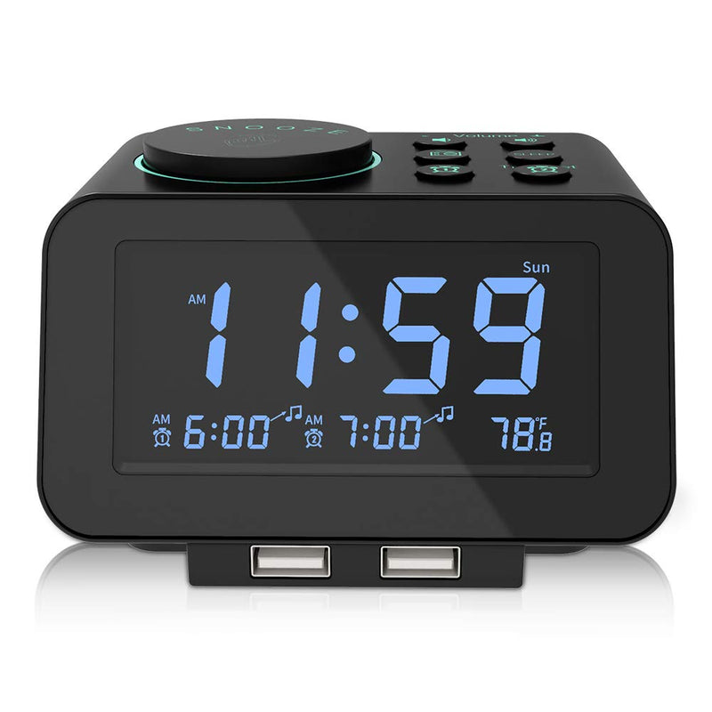 NewNest Australia - USCCE Digital Alarm Clock Radio - 0-100% Dimmer, Dual Alarm with Weekday/Weekend Mode, 6 Sounds Adjustable Volume, FM Radio w/Sleep Timer, Snooze, 2 USB Charging Ports, Thermometer, Battery Backup Black 