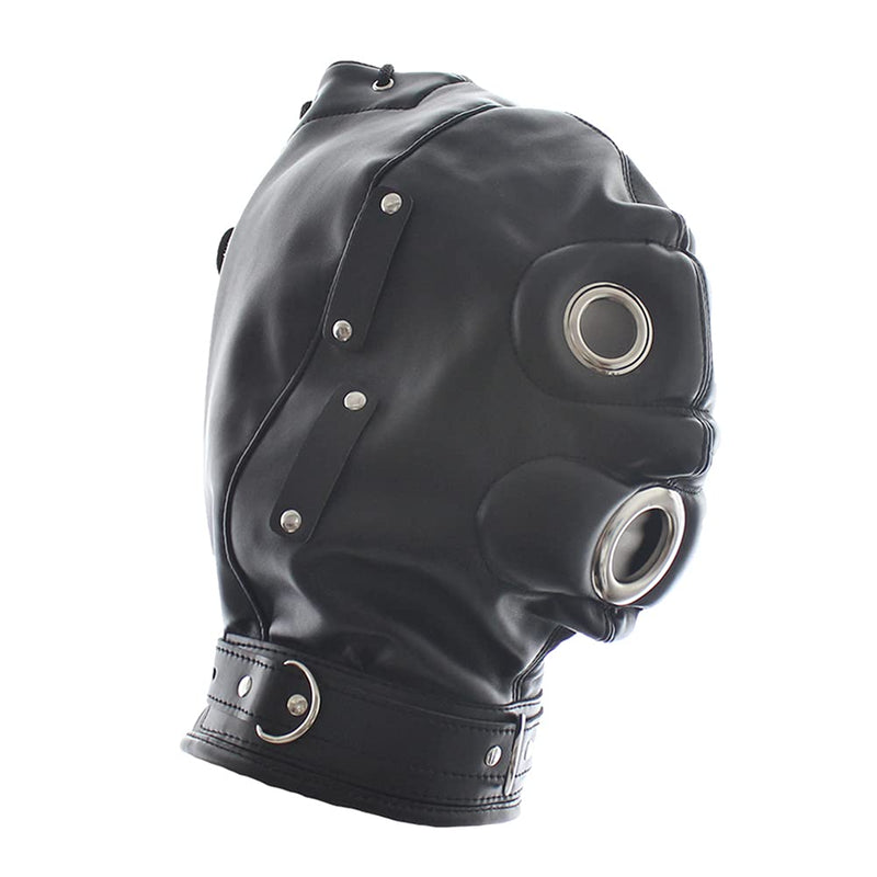 FST Black PU Leather Bondage Mask Hood, Full Face Blinder Detachable Cover Eye Dildo Mouth Gag Head Hood, for Unisex Adult Play, BDSM/LGBT Hood Long mouth gag - NewNest Australia