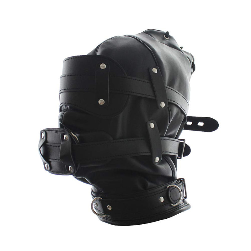 FST Black PU Leather Bondage Mask Hood, Full Face Blinder Detachable Cover Eye Dildo Mouth Gag Head Hood, for Unisex Adult Play, BDSM/LGBT Hood Long mouth gag - NewNest Australia
