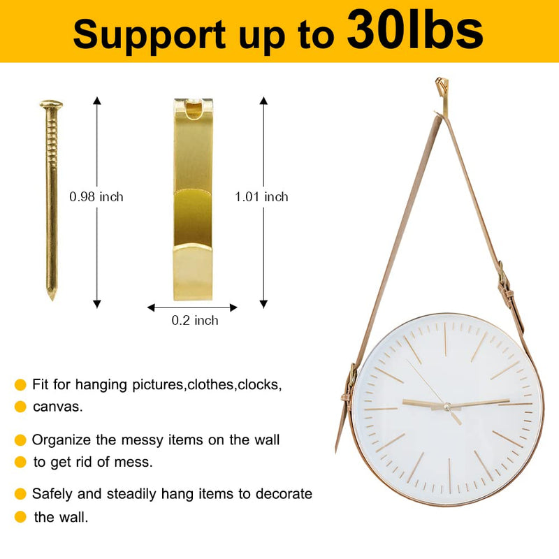 Picture Hangers(30lbs-100pcs), Eikivin Picture Hooks with Nails, Wall Hangers, Picture Hanging Kit on Wood/Drywall. Gold-30lbs - NewNest Australia