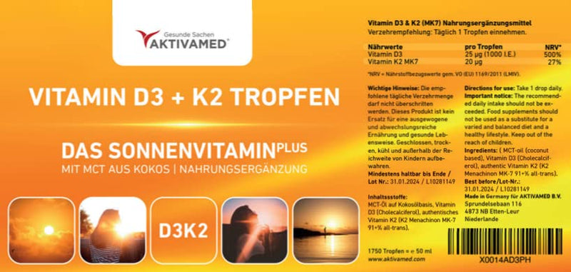 AKTIVAMED® Vitamin D3 + K2 drops 50ml liquid - Premium: 99.7+% All-Trans + highly bioavailable D3 - Laboratory tested, high dosage, for children and adults - NewNest Australia