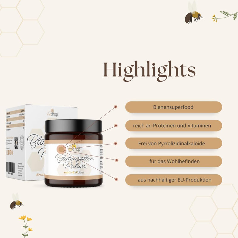 Bedrop Bee Pollen Powder Bee Pollen Bee Pollen Powder Ground, Natural & Beekeeper Quality Without Additives From Sustainable Eu Production, 60G (60G Powder) 60.00 G (Pack Of 1) - NewNest Australia