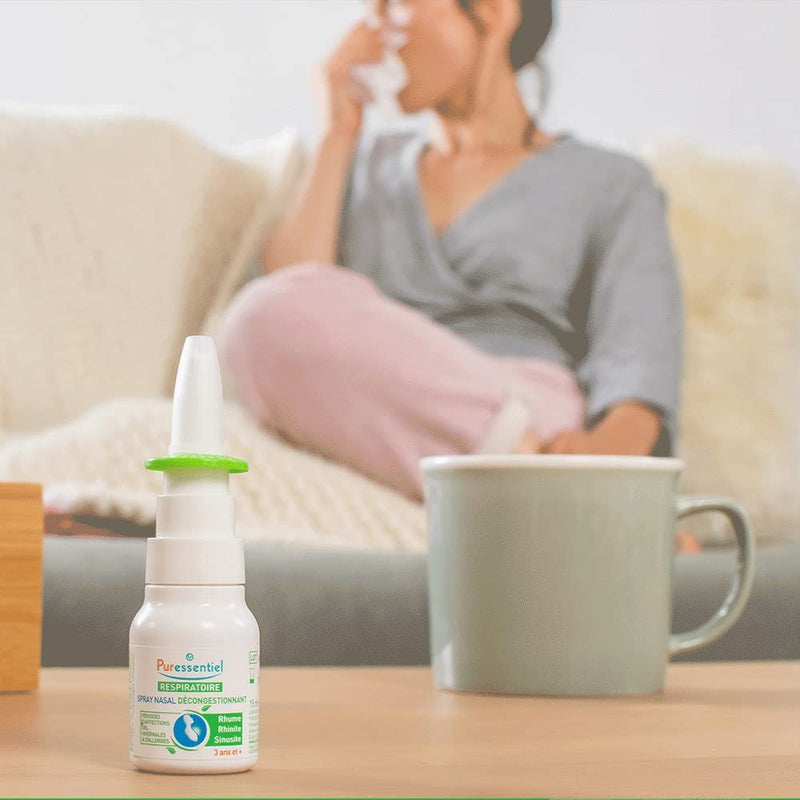 Puressentiel Respiratory Decongestant Nasal Spray 15ml - Cold & Flu - Hayfever & Blocked Nose Relief - Instant Action - 100% Natural & Organic Essential Oils - Sea Water - Suitable for 3y+ - NewNest Australia