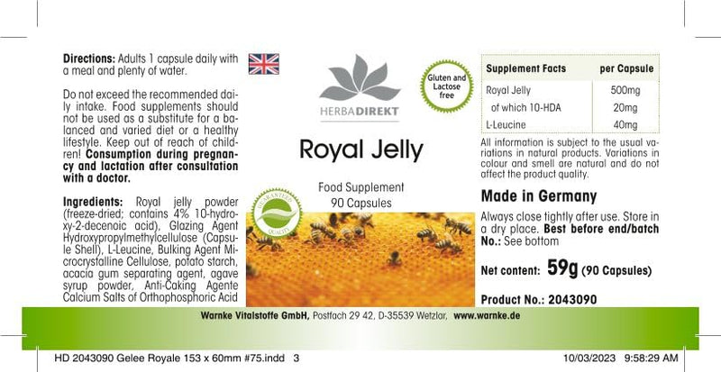 Royal Jelly Extract 500mg - 90 capsules, 4-fold concentrated from 2000mg Royal Jelly - Royal Jelly - high dosage | HERBADIREKT by Warnke vital substances - NewNest Australia