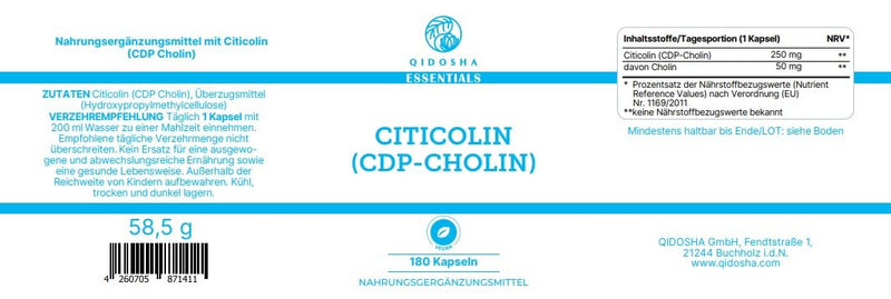 QIDOSHA® CDP Choline (Citicoline) capsules high dosage, 180 capsules in a pharmacist jar, full 250mg Citicoline/CDP Choline per capsule, vegan, laboratory tested, German production, Citicoline CDP Choline 250mg - NewNest Australia