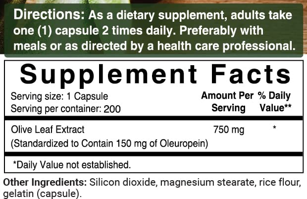Olive Leaf Extract, 750mg Per Serving, Maximum Strength 20% Oleuropein, 200 Counts (200 Days Supply), Made with Olive Leaf for Immune and Cardiovascular Health Support, Non-GMO - NewNest Australia